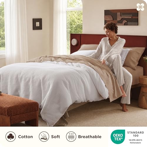 Image of Bedsure Cotton Duvet Cover Set - 100% Cotton Waffle Weave Bright White Duvet Cover Oversized King Size, PureWoven Breathable Bedding Set for All Season, 3 Pieces, 120 inchx98 inch