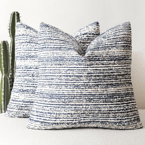 Image of Foindtower Set of 2 Faux Fur Textured Modern Throw Decorative Pillow Covers Square Accent Striped Cushion Sherpa Boho Farmhouse Pillowcase for Couch Sofa Living Room Home Decor 20x20 Inch,Dark Blue