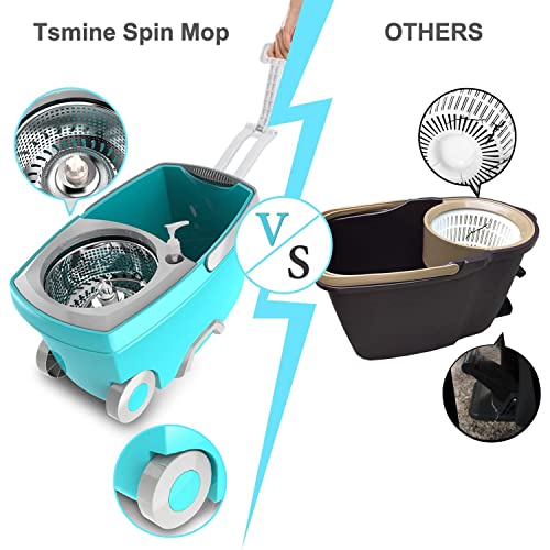 Tsmine Spin Mop Bucket System Stainless Steel Deluxe 360 Spinning Mop Bucket Floor Cleaning System With 6 Microfiber Replacement Head Refills,61"Extended Handle, 2X Wheel For Home Cleaning - Mint #TOP3