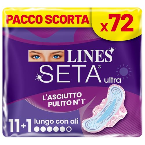 Lines Seta Ultra Lungo con Ali, 72 assorbenti lunghi per il giorno con ali a incastro perfetto. Per flussi intensi e ipoallergenico. Comfort e asciuttezza con cuore super assorbente, pacco scorta.