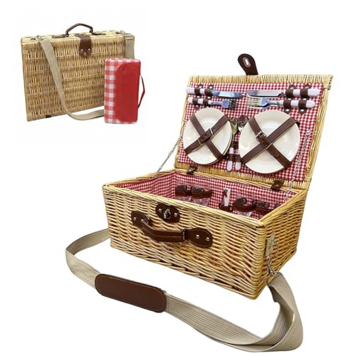 Image of Multifunctional Wicker Picnic Basket Set for 4 Blanket Family Folding Wine Table,Insulated Portable Extra Big Storage Capacity Woven Rattan Canasta De Full Tablewares Camping Outdoor Flowers Pink