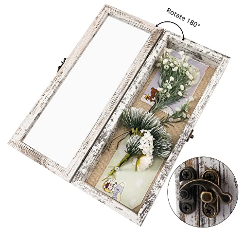Image of GraduationMall 5x12.5 Wood Shadow Box Frame Glass Door Display Case with Linen Back and 6 Stick Pins,1.5 inches Interior Depth,Ideal for Memorabilia Pictures Flowers Medals Tickets Rustic White