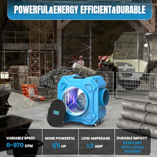 Image of Air Scrubber with 3-Stage Filtration, 970CFM HEPA Air Scrubber Negative Air Machine with Lockable 360 Wheels & Auto-Foldable Handle, Portable Heavy Duty Air Cleaner for Home Industrial Commercial Use