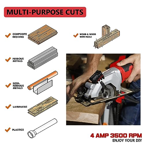 PowerSmart 4 Amp 4-1/2 Inch Mini Circular Saw with 2 Wood Blades and Laser Guide