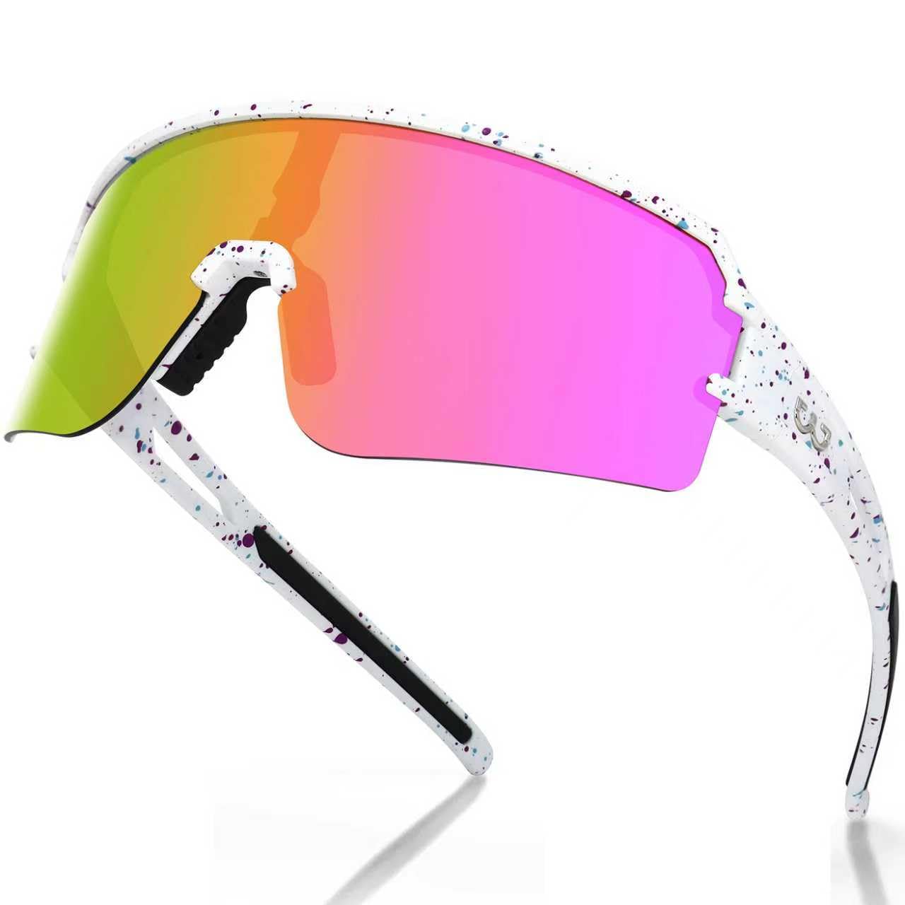 SPOSUNE Polarized Sunglasses for Running Cycling VolleyBall for Adult Youth | UV400 Protection,Lightweight TR90 Frame,Outdoor Sports Sunglasses for Cricket Baseball (White Splatter&Pink Lens) — image 1