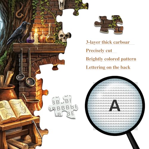 Rompecabezas de 1000 piezas para adultos: Cabaña de bruja con caldero y gato negro, decoración gótica para pared y regalo ideal para fanáticos de Halloween, 27,56" x 19,7" miniatura 3