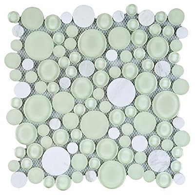 TBUBWG-01 Random Circle Glass Mix Stone Mosaic Tile in Mint Green and White (1 Sheet)
