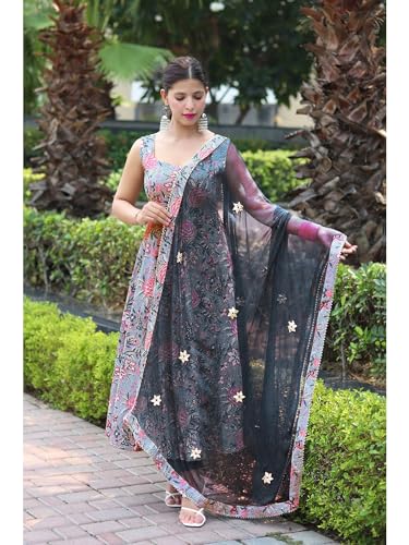 Image of GoSriKi Women's Cotton Blend Anarkali Printed Kurta with Pant & Dupatta