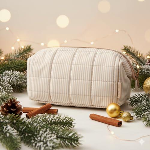 Image of BAGSMART Makeup Bag Travel Toiletry Bag, Puffy Padded Make Up Bags for Women Makeup Organizer Case, Wide-open Pouch Purse Travel Essentials Toiletries Accessories Brushes, Strip Khaki Brown