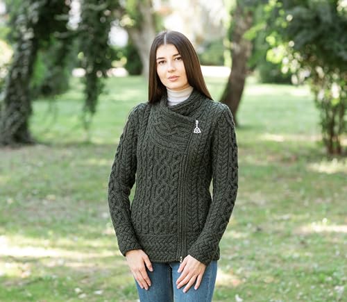 Image of SAOL Irish Cardigan for Women Made of 100% Merino Wool Ireland Sweater Cable Knit Zip Jacket