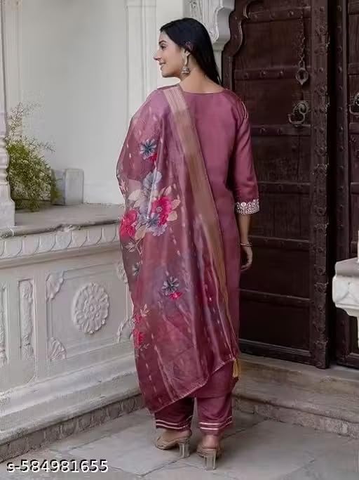 Image of Women's Chanderi Silk Kurti with Rayon Slub Pants & Dupatta | Printed Three-Quarter Sleeve Ethnic SetRound Wine