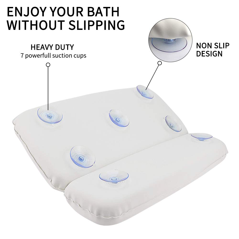 Almohada de Baño, Almohadas para bañera con 7 Ventosas Antideslizantes, Diseño de 2 Paneles para Cabeza, Cuello y Espalda, Ideal para Jacuzzi SPA e Hidromasajes (14.5" x 11")