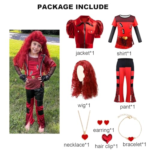 Disfraz rojo para niñas con chaqueta, camisa, pantalón y peluca miniatura 2