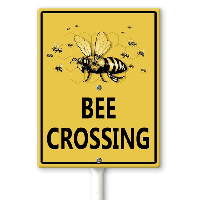 Horienteeon Bee Crossing Yard Sign with Stakes 20cm×30cm, Honey Bee Decorations Hive Rules Signs, Sturdy Aluminum Lawn Signs, Metal Sign Post, Honey Bee Outdoor Decor Gifts