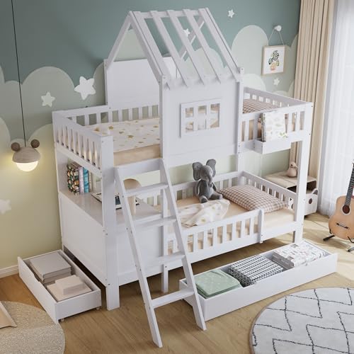 LAKFEW Litera Infantil 90x200 cm con Mesa de Lectura y 2 Cajones, Cama Infantil con Techo y Ventana, Literas con Cesta de Almacenamiento y Escalera, Camas Infantiles, Cama Litera, Blanco, Sin Colchon