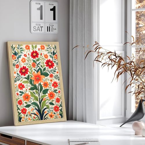 Image of ArtX Paper Flowers Art Paintings with Frame for Home Decor, Floral Wall Painting for Living Room, Multicolor, Natural Wood Color Frames, Set of 2