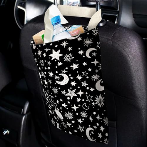Image of IRADA Car Trash Bag Hanging No Snap Small Garbage Bag for Car Back Seat Cute Printed One-Handed Strap Trash Bags Car Accessories-Moon and Star Black Car Trash Bags