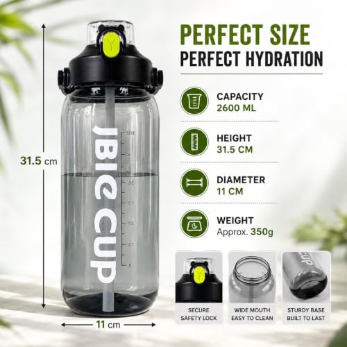 Image of Ryaco Delzon 2.6L Water Bottle BPA-Free Leakproof with Silicone Pipe, Large Reusable Hydration Bottle for Gym, Sports, Office, Travel, Fitness & Camping