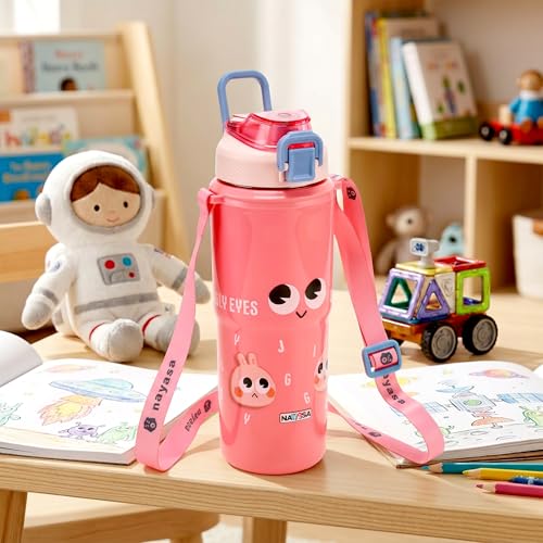 Image of Nayasa Kiddy Duo-Sip Insulated Inner Steel Kids Water Bottle 700-635ml | BPA-Free, Food Grade | Cute Bunny Print | Dual Sipping Modes | With Strap, Handle - Pink