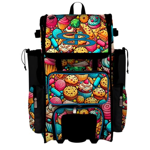 Boombah Rolling Superpack Baseball/Softball Gear Bag - Telescopic Handle - Holds 4 Bats - Wheeled Version - Sweet Treats Multi