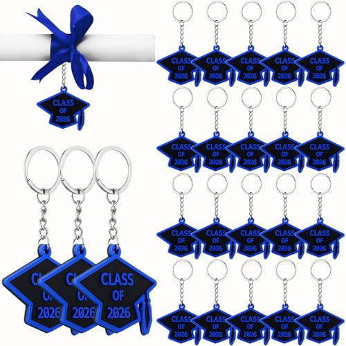 WILLBOND 20 Pieces Class of 2026 Graduation Keychains Rubber Key Chains Grad Cap(Black and Blue)