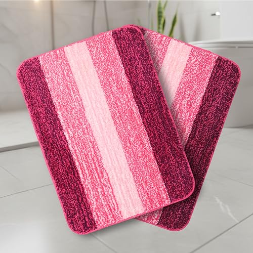 Image of Saral Home Microfiber Striped Rectangle Shaped Anti-Skid Bath Mats | Soft & Super Absorbent Mats for Shower | Washable, Non-Slip & Quick-Drying Mats, 50X70 CM | Pack of 2 (Pink)