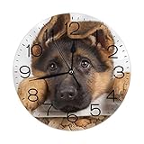 Fashion Wooden Wall Clock Silent Non Ticking Lovely Dog German Shepherd Round Wall Clock for Living Room Kitchen Home Bedroom Decoration 12 inches