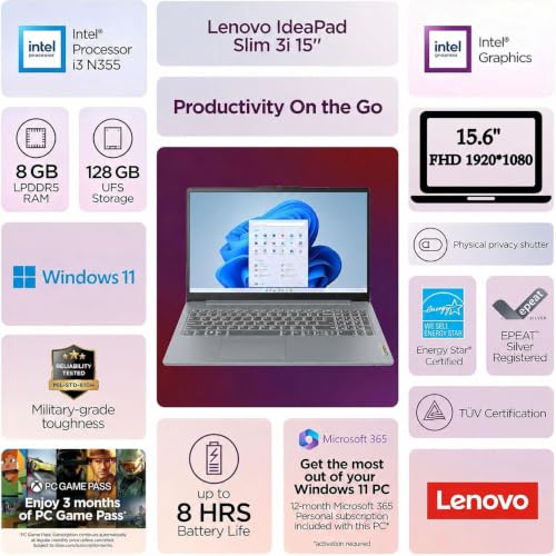 Image of Lenovo IdeaPad Slim 3 15.6 inch FHD Laptop, Intel Core i3-N355 8-Core Processor, 8GB DDR5 RAM, 128GB SSD, Wi-Fi 6, Windows 11, for Business, Students & Everyday Use