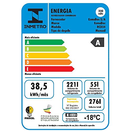 Refrigerador 276 Litros 111W Rcd34 Inox Esmaltec - 220V
