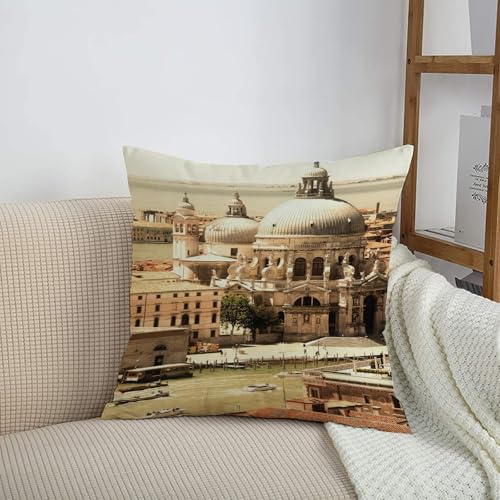 HRRASFAZF Funda de cojín de 50 x 50 cm,Funda de Almohada Cuadrada de algodón, Coche, Dormitorio, decoración del hogar,Venecia, Arquitectura Italiana Antigua Basílica en Venecia Histórico Europeo Fre