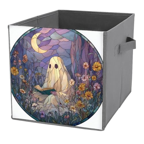 Jubonexis Petit cube de lecture fantôme en vitrail - Cubes de rangement pliables en tissu décoratif avec poignées pour étagères, placards - 27 x 27 cm