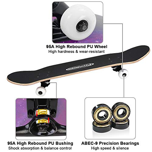 ChromeWheels 31 inch Skateboard Complete Skateboards Double Kick Skate Board 7 Layer Canadian Maple Deck Skateboard for Kids and Beginners - Thumbnail 5