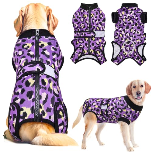 Image of Lukovee Recovery Suit for Dogs, Female Male Spay Neuter Post Surgery Suit | Zipper on Onesie,Soft Breathable, Adjustable Abdominal Wounds Prevent Licking, Cone E-Collar Alternative (Purple Leopard, S)
