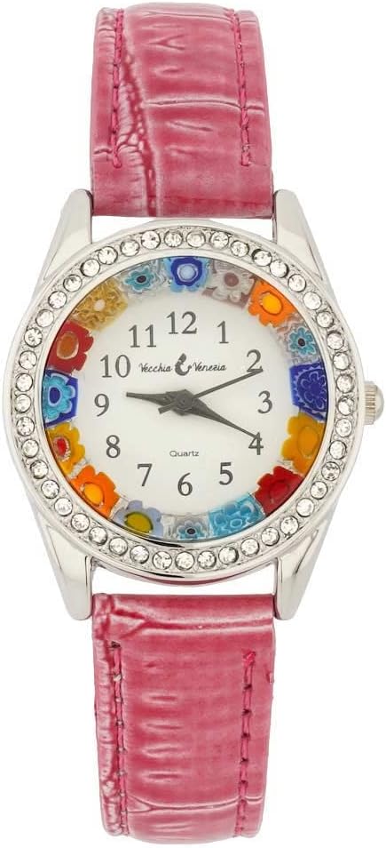Glass Of Venice Murano Glass Watch Millefiori and Crystals with Leather Band - Pink