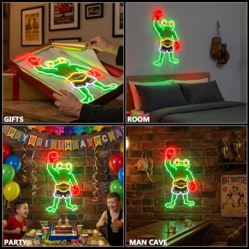 Image of HAJAE Frog Neon Sign, Dimmable Boxing Frog Champion LED Light Wall Decor - Funny Muscular Frog Gifts for Men Boys Kids, Wrestling Birthday Party Decorations, Gym Man Cave Room Neon Light