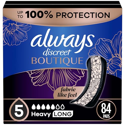 Always Discreet Boutique Adult Incontinence & Postpartum Pads For Women, Size 5, Heavy Long Abondant longues, 28 Count x 3 Packs (84 Count total) (Packaging May Vary)