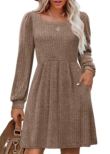 OFEEFAN Women’s Square Neck Dresses Long Sleeve Knit Sweater Dress