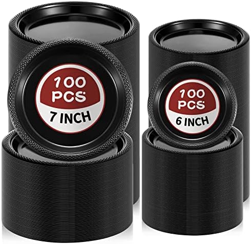 200 Pieces Black Plastic Plates Bulk Disposable Round Plates Black Party Supplies 6 Inch 7 Inch Plates Set for Salad Dessert Cake Home Birthday Wedding Party Event Picnic Dinner BBQ Plates Pack