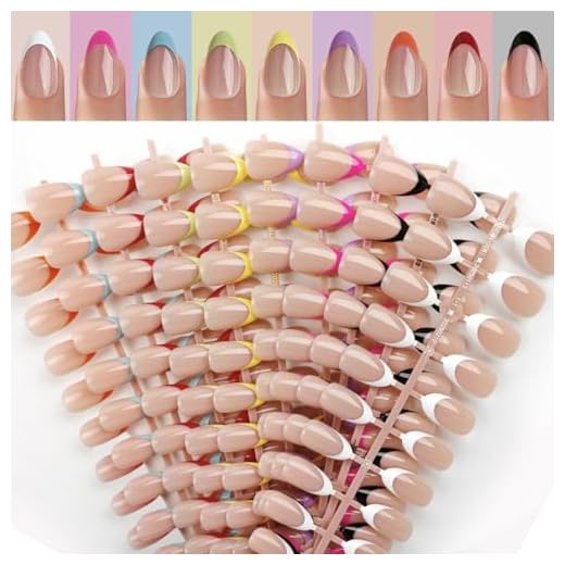 216 Pcs French Tip Press on Nails Kit - 9 Color Short Almond False Nails in 12 Sizes, Reusable Full Cover Glossy Manicure Set for Women
