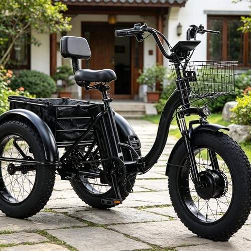 HpJfdsU Triciclo Eléctrico Plegable De 20 Pulgadas, Bicicleta Eléctrica para Adultos Y Personas Mayores, Triciclo con Pedales para Adultos con Cesta Y Cuadro Delantero