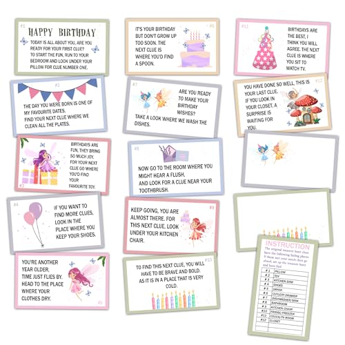 Birthday Treasure Hunt Clue Cards, Fairy Scavenger Hunt Game, Set of 15 Cards and 14 Envelopes, Indoor Ourdoor Birthday Party Activities Celebration Game, Birthday Party Decorations - SR2