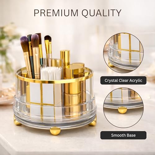 Image of KREPS 360 Rotating Makeup Brush Holder with Lid, Makeup Organizer for Nail Polish Perfume Lipstick Pen-Pencil Paint Brush Stationary, Multifunctional Dressing Table Storage.