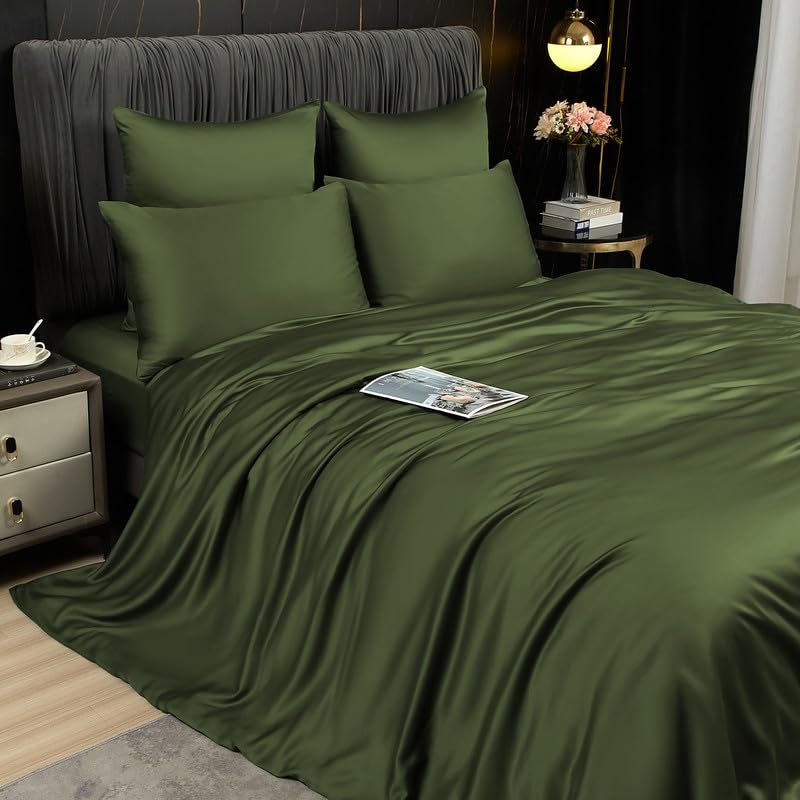 Gezu Bambus Lyocell Bettwäsche 155x220cm Olivgrün Grün 100% Bambusseide Antibakteriell Bettbezug 155x220 Bambusfasern Glänzend Bettwäsche Bamboo Luxus Bettbezug mit 2 Kissenbezüge mit Reissverschluss