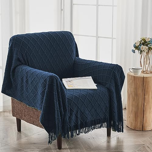 inhand Knitted Throw Blankets for Couch and Bed, Soft Cozy Knit Blanket with Tassel, Dark Blue Lightweight Decorative Blankets and Throws, Farmhouse Warm Woven Blanket for Men and Women, 50"x60"