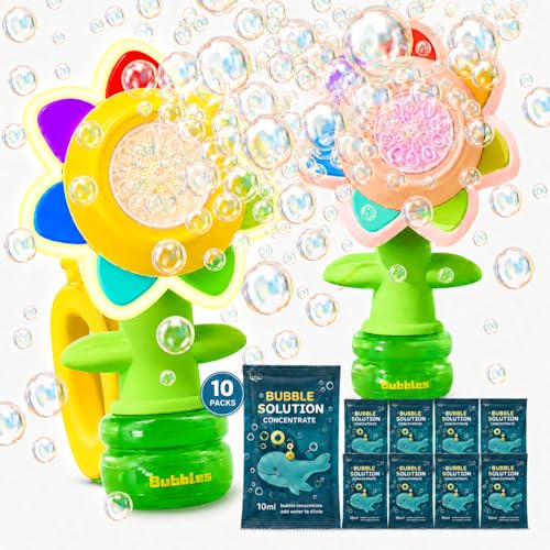 Image of 2 Pack Rechargeable Flower Bubble Guns for Kids W/LED Lights & 10 Refill Solutions, Fun Swing Dance Bubble Maker Machine Blower Blaster Toys,Outdoor Summer Play, Easter, Birthday Party Favors & Gifts