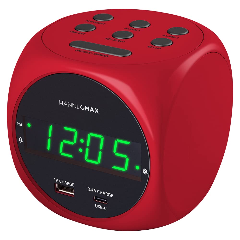HANNLOMAX HX-702C Digital Clock with Dual Alarm and Dual USB Ports (USB-A & Type-C) for Charging (Red)-image-48