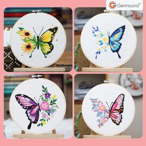 Image of Embroidery Kit for Beginners,Cross Stitch Kits Set,Floral Butterfly Pattern Needlepoint Kits,4 Sets Hand Embroidery Kit for Craft Lover Hand Stitch,Embroidery Starter Kits for Adults Beginners
