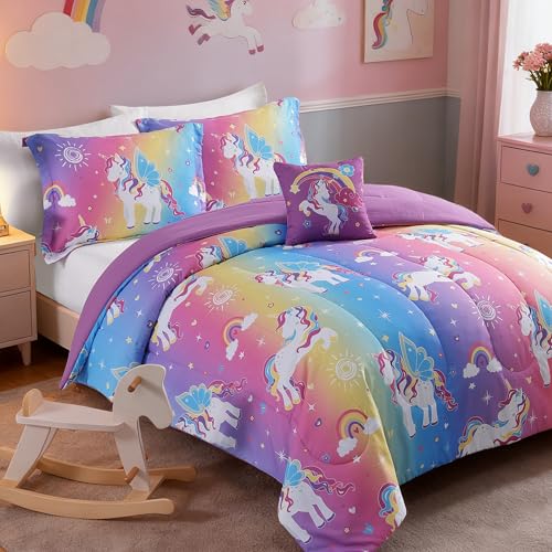 Twin Comforter Set for Girls -3 Pieces Rainbow Unicorn Twin/Twin XL Bedding Set with 1 Comforter, 1 Decor Pillow, 1 Pillow Sham