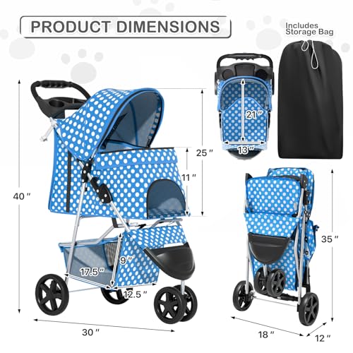 Image of MoNiBloom 3 Wheels Pet Dog Cat Stroller for Small Medium Dogs Cats, Foldable Jogger Stroller w /Storage Basket and Cup Holder, Sky Blue Polka Dots