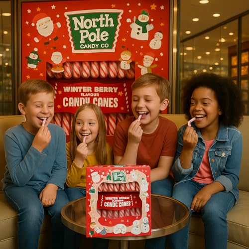 Image of Candy Canes North Pole Winter Berry Flavour (12x 10g) 120g Box By Cougar | Festive Holiday Sweet Treats Gift Box | Classic Striped Christmas Candy for Parties, Gifting, Stockings, Decorations & Celebrations | Pack of Holiday Canes (IMPORTED-UK)